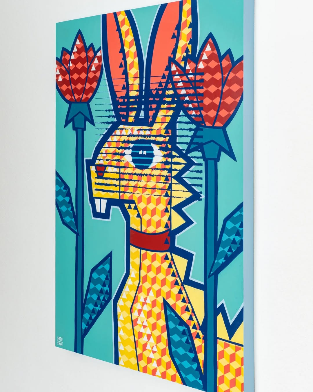 Geometric Rabbit Canvas Wall Art – Vibrant Pop-Art Style with Flowers