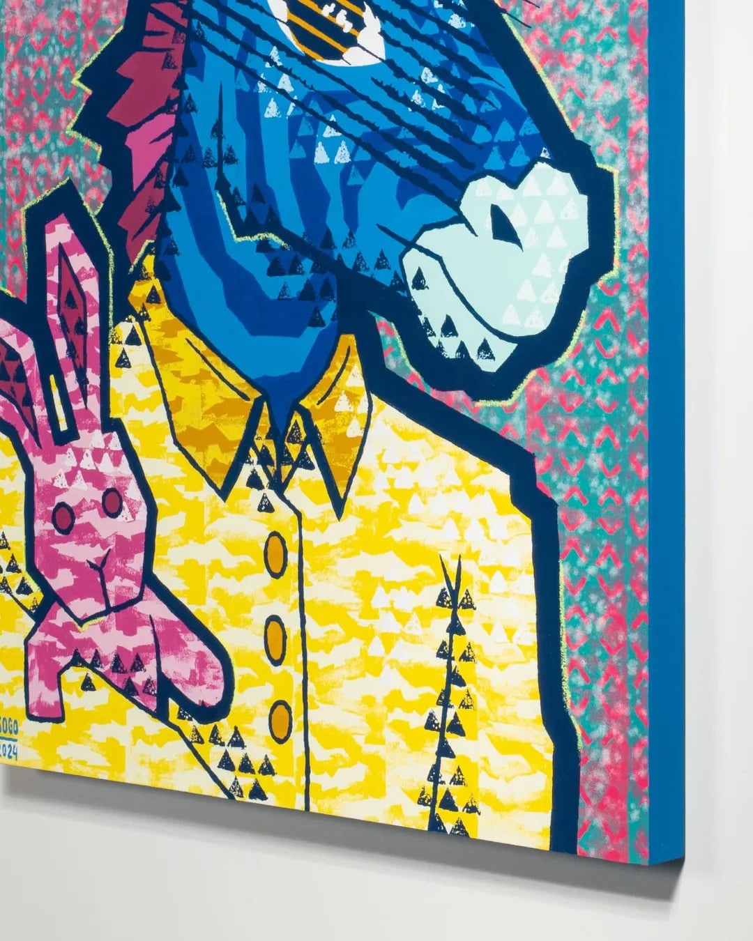 Bold Abstract Donkey Portrait with Pink Bunny – Modern Pop Art Canvas