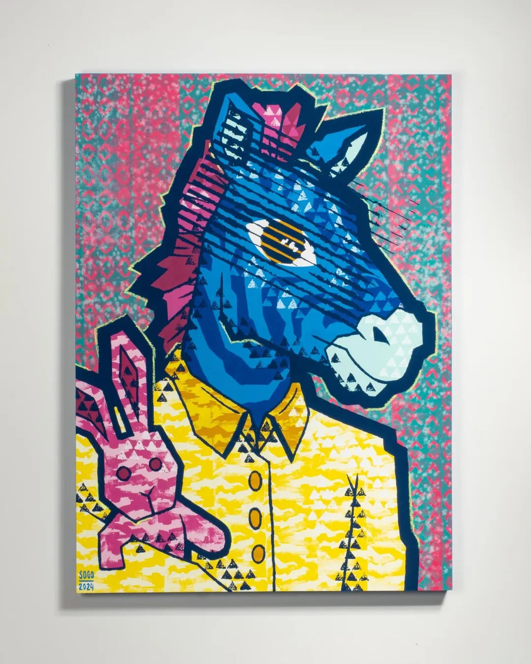 Bold Abstract Donkey Portrait with Pink Bunny – Modern Pop Art Canvas