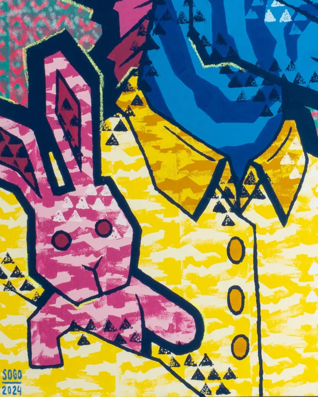 Bold Abstract Donkey Portrait with Pink Bunny – Modern Pop Art Canvas