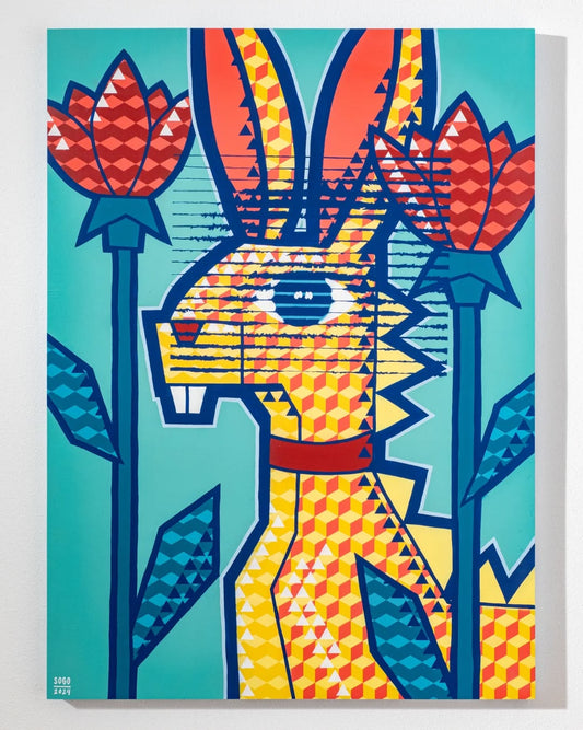 Geometric Rabbit Canvas Wall Art – Vibrant Pop-Art Style with Flowers