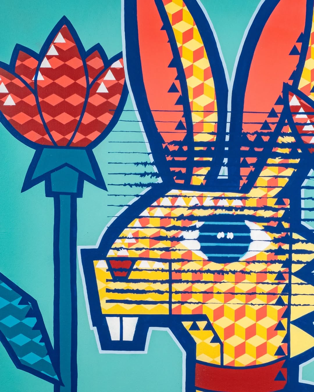 Geometric Rabbit Canvas Wall Art – Vibrant Pop-Art Style with Flowers