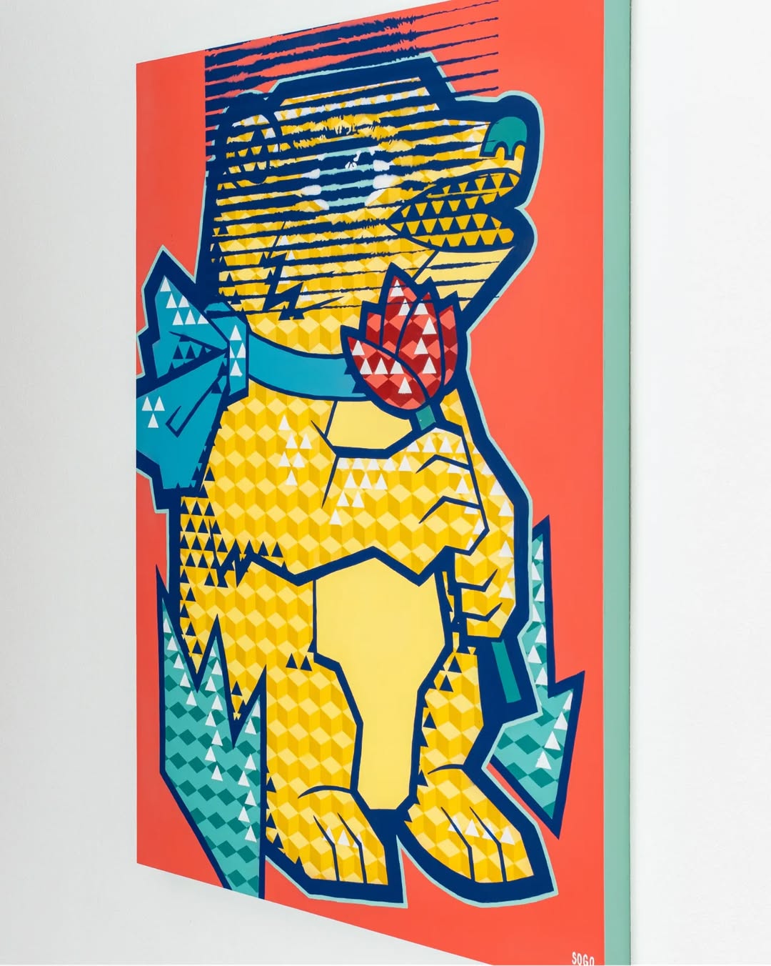 Geometric Bear Canvas Wall Art – Bold Pop Street Style with Flower Design