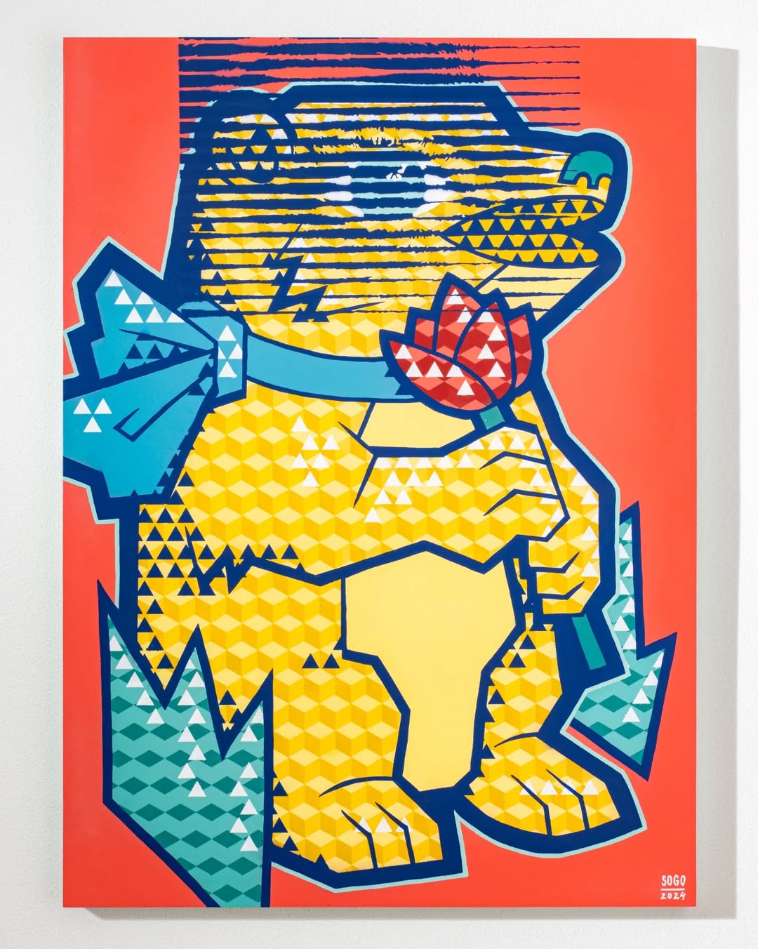 Geometric Bear Canvas Wall Art – Bold Pop Street Style with Flower Design