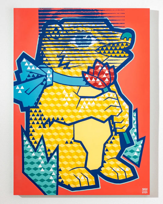 Geometric Bear Canvas Wall Art – Bold Pop Street Style with Flower Design